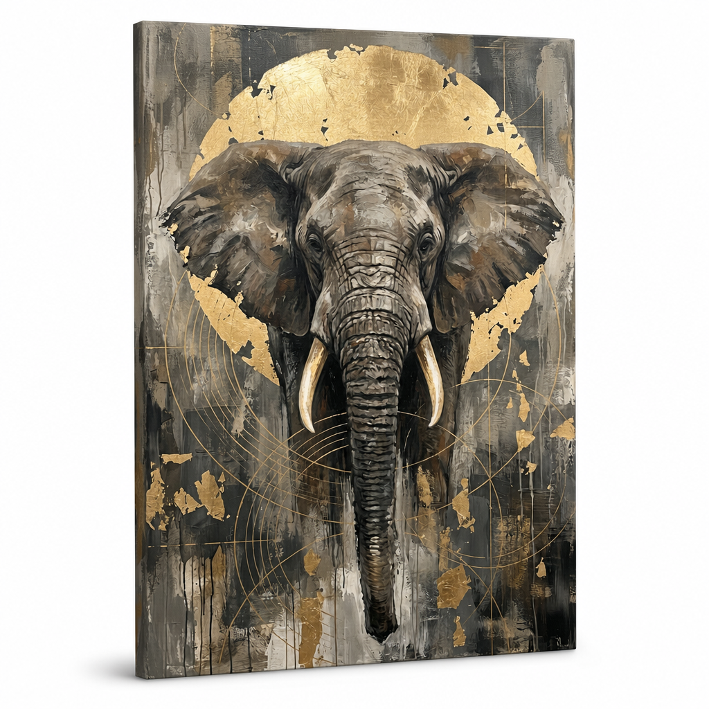 Tablou cu cap de elefant african, vedere frontală, vizualizare 3D a pânzei pe șasiu din lemn, stil Premium Art de la Papilora.
