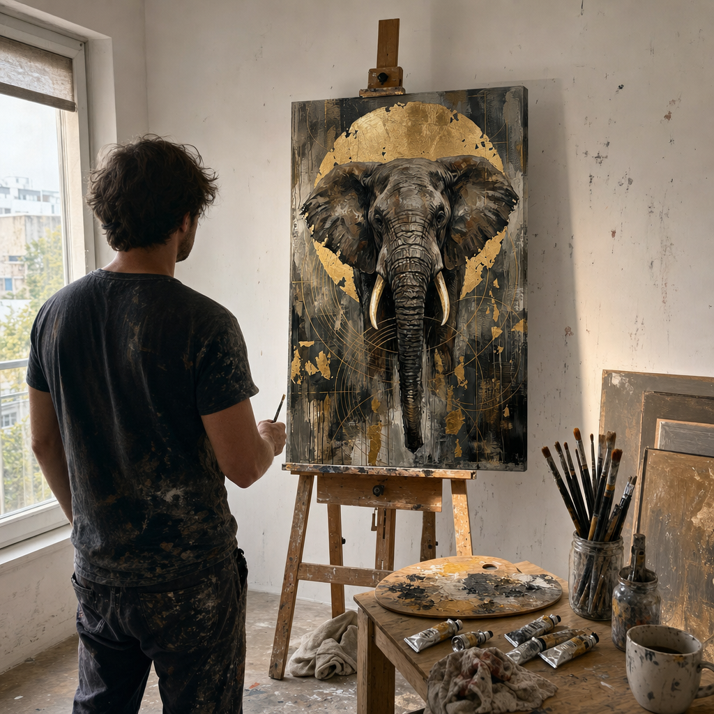 Tablou cu elefant african în proces de finisare manuală cu acril pe șevalet în atelierul Papilora, lumină naturală.