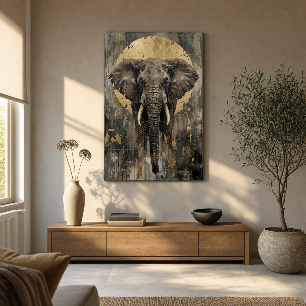 Tablou cu elefant african stilizat, expus într-un living modern deasupra unei console din lemn cu decorațiuni elegante.