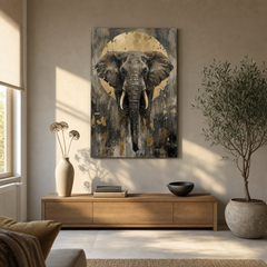 Tablou cu elefant african stilizat, expus într-un living modern deasupra unei console din lemn cu decorațiuni elegante.