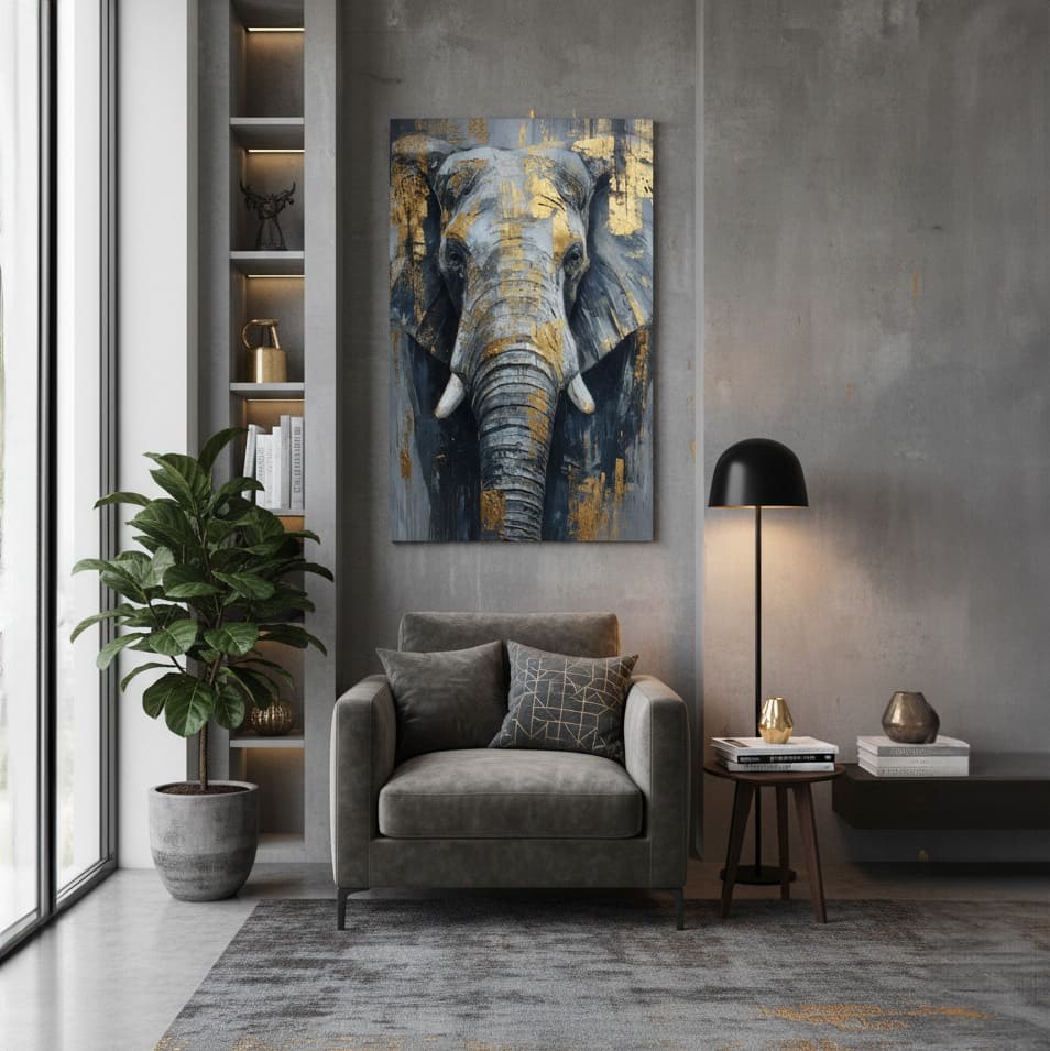 Tablou elefant cu accente aurii în living lângă fotoliu gri și lampă