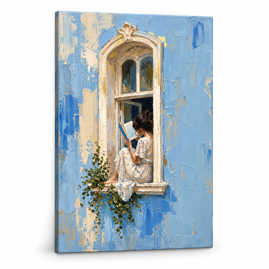 Tablou cu femeie citind la fereastră, vizualizare 3D a pânzei cu șasiu din lemn, stil impresionist, Papilora Premium Art.