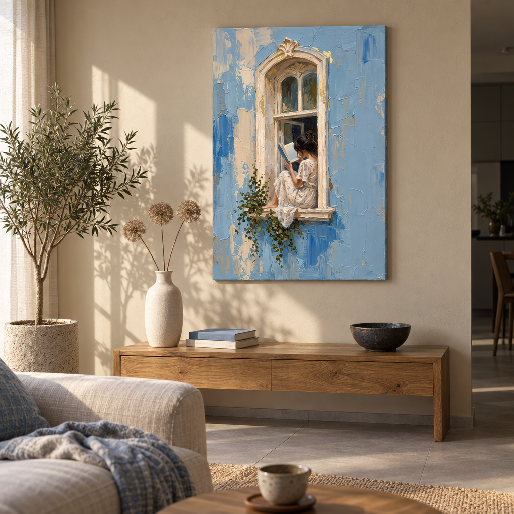Tablou cu femeie citind la fereastră expus într-un dormitor modern, deasupra unei console din lemn cu decorațiuni elegante.