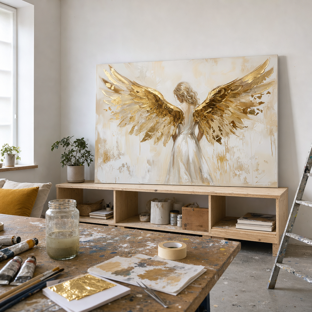 Tablou cu înger pictat manual în atelier, așezat pe șevalet sub lumină naturală, proces de finisare artistică cu vopsele acrilice.