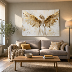 Tablou modern cu înger și aripi, expus într-un living stilat deasupra unei console din lemn cu decorațiuni elegante, design interior rafinat.