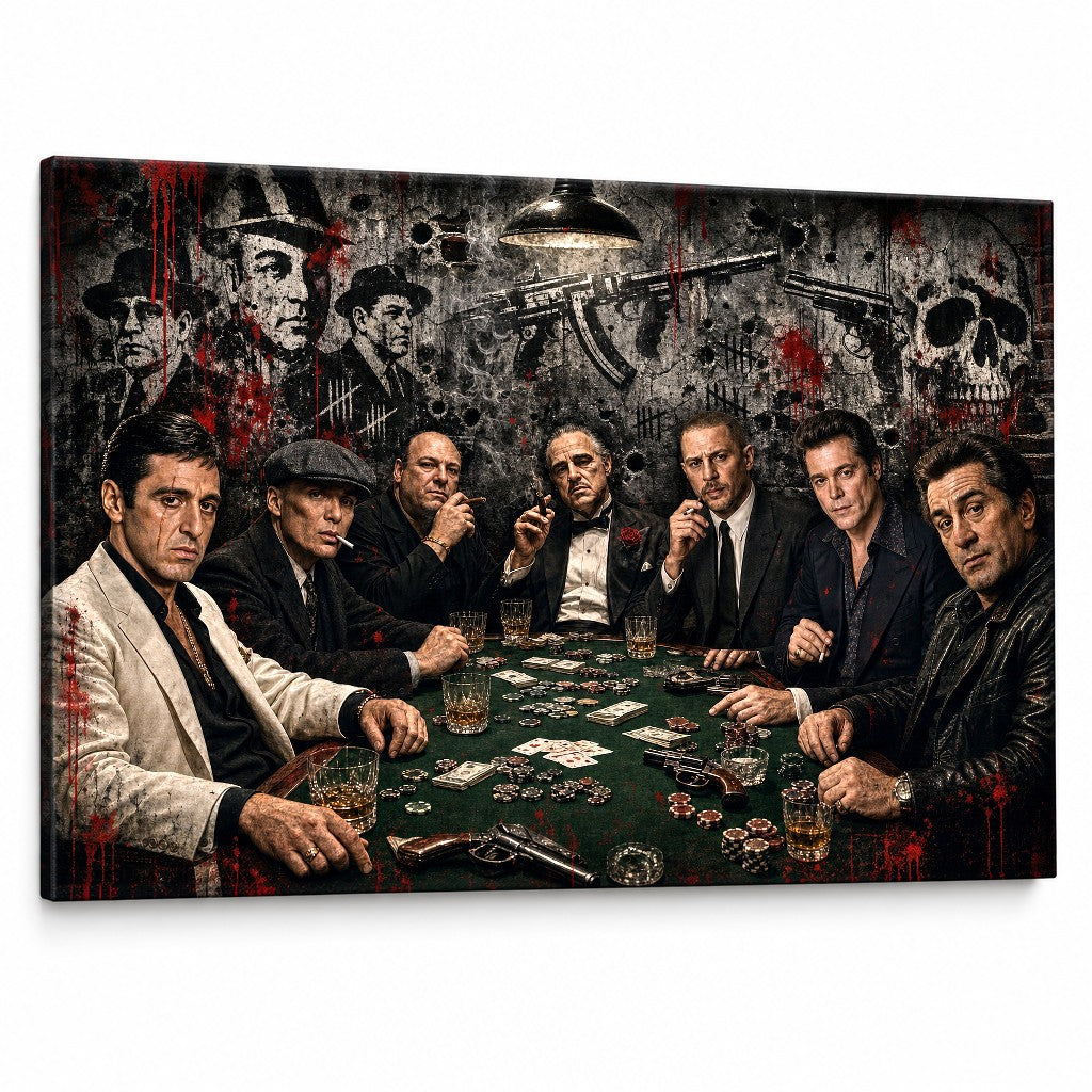 Tablou cu mafioți la poker, 7 legende ale filmelor noir pe pânză de calitate premium, ideal pentru decor interior masculin de la Papilora