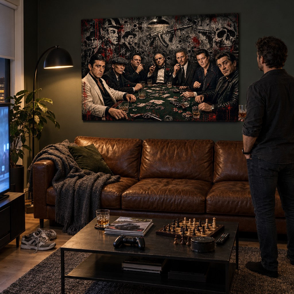 Tablou cu 7 legende mafiote la poker expus într-o sufragerie întunecată, un bărbat savurează un whisky admirând decorul artistic