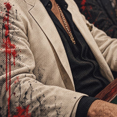Detaliu artistic al tabloului cu gangsteri, evidențiind textura pânzei de bumbac și contrastul sacoului alb cu pete roșii