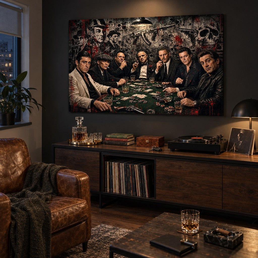 Tablou întunecat cu gangsteri la masa de poker, montat deasupra unei comode într-un birou elegant cu design modern și atmosferă noir