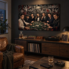 Tablou întunecat cu gangsteri la masa de poker, montat deasupra unei comode într-un birou elegant cu design modern și atmosferă noir