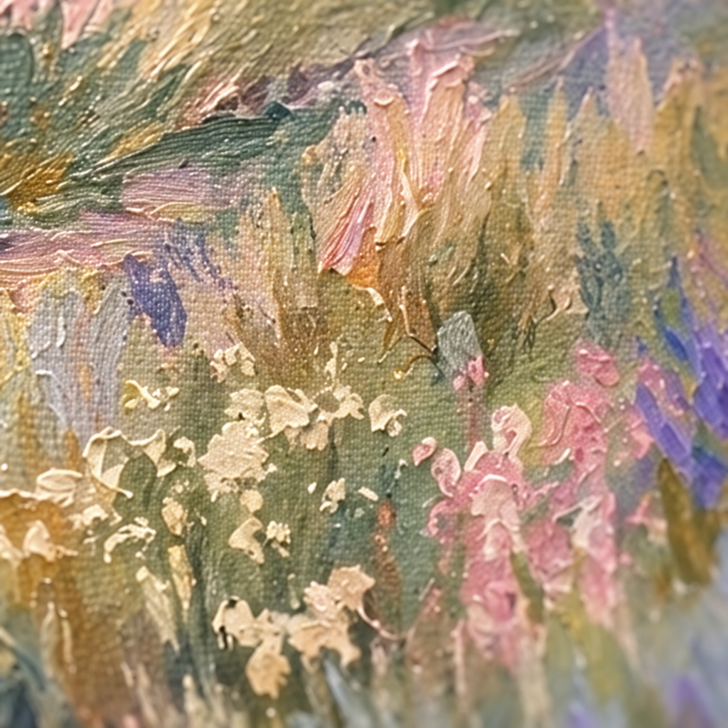 Detaliu macro cu tușe impasto pictate manual cu acril pe petalele florilor, textură vizibilă și relief artistic.