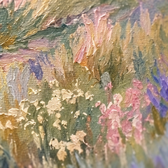 Detaliu macro cu tușe impasto pictate manual cu acril pe petalele florilor, textură vizibilă și relief artistic.