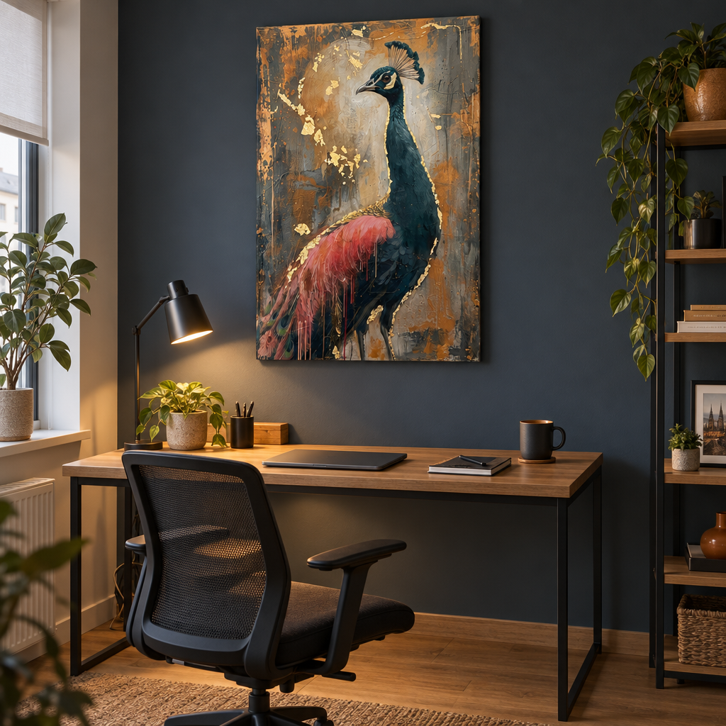 Tablou cu păun în profil, orientat spre stânga, suspendat într-un living modern, deasupra unei console din lemn cu decorațiuni.