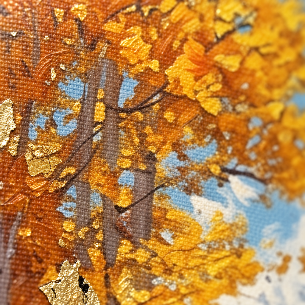 Detaliu macro al tușelor de vopsea acrilică impasto pe suprafața tabloului, textură reliefată vizibilă — Papilora Crafted for Home.