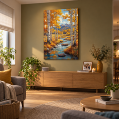 Tablou cu peisaj de toamnă cu mesteceni și pârâu expus într-un living modern, deasupra unei console din lemn cu vază și lumânare.