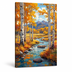 Tablou cu peisaj de toamnă cu mesteceni și pârâu pe pânză — vizualizare 3D a canvasului cu șasiu din lemn, Papilora Premium Art.