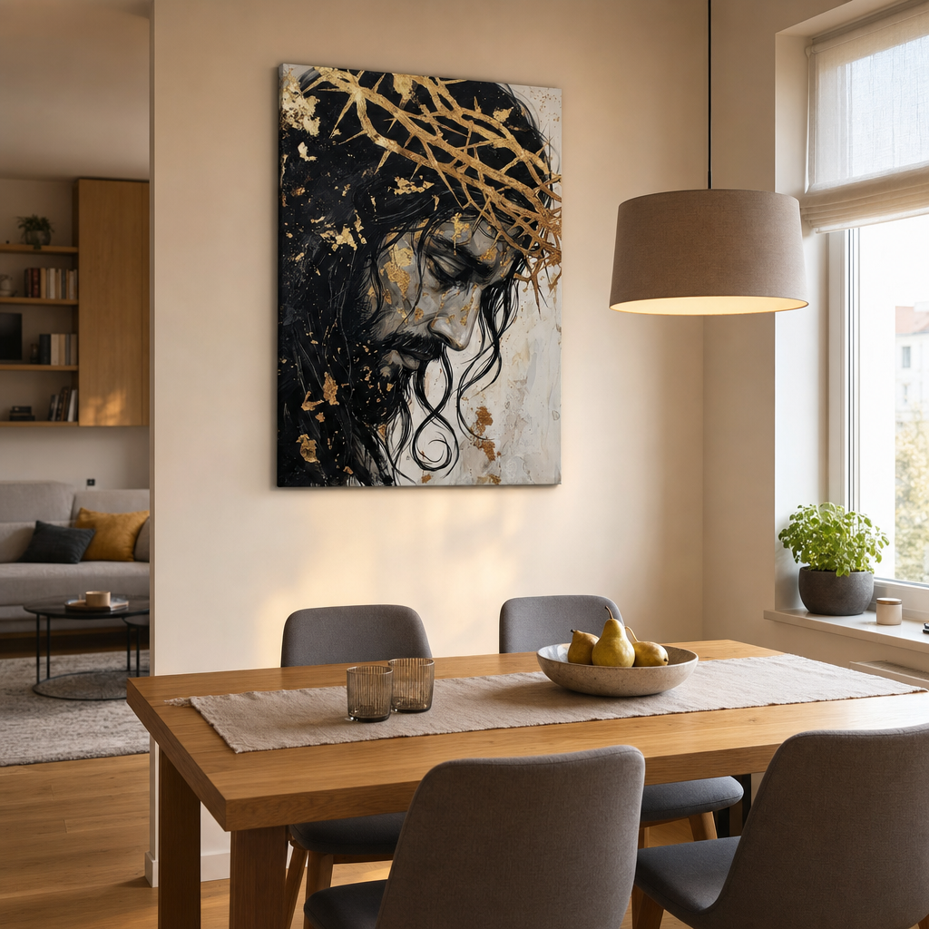 Tablou cu Iisus Hristos și coroană de spini, expus într-un living modern, deasupra unei console din lemn cu decorațiuni elegante.