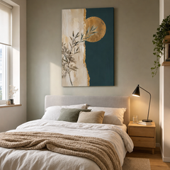 Tablou botanic cu ramură de măslin și accente aurii, expus într-un living modern deasupra unei console, design interior elegant.