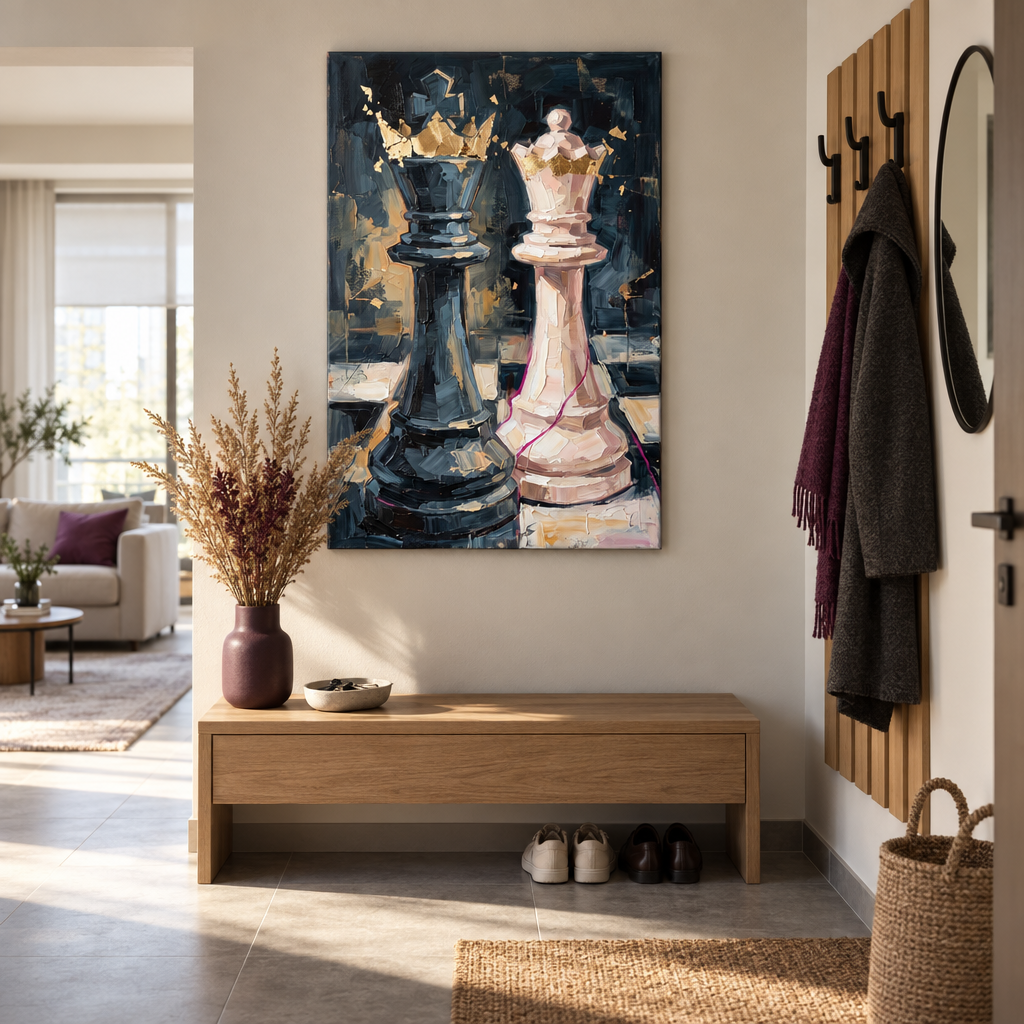 Tablou cu rege de șah expus într-o sufragerie modernă, deasupra unei console din lemn cu vază și lumânare, decor elegant.