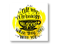 Modern tablou pe pânză cu motivul ceașcă de cafea, motiv pentru copii în negru-galben nuanțe, atmosferă veselă, romantism, potrivit pentru bucătărie | Tablou de perete s textom All my mornings – principală