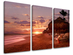 În stil boho tablou pe pânză cu motivul APUS DE SOARE, ocean, plajă, mare și plajă în maro-portocaliu nuanțe, atmosferă liniștită, natură, execuție cu trei panouri – principală
