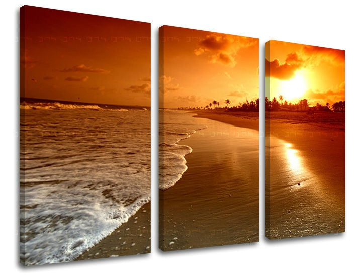 În stil boho tablou pe pânză cu motivul APUS DE SOARE, ocean, plajă, valuri, peisaj în maro-galben nuanțe, atmosferă liniștită, natură și viață la mare – principală