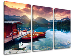 Pop art tablou pe pânză cu motivul SLOVACIA, munți, lac, peisaj, motiv slovac în violet-portocaliu nuanțe, atmosferă liniștită, execuție cu trei panouri – principală