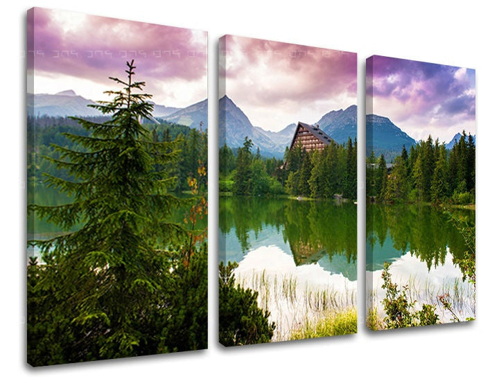 Clasic tablou cu motivul SLOVACIA, munți, lac în violet-roz nuanțe | Tablou de perete SLOVACIA, natură – previzualizare