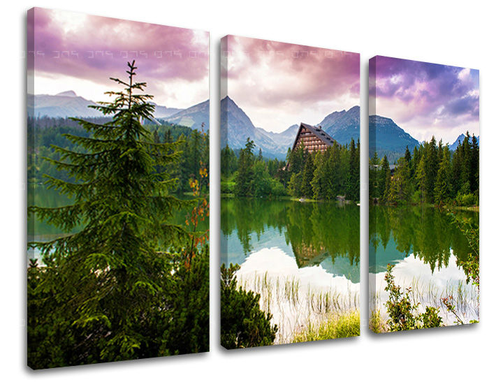 Clasic tablou pe pânză cu motivul SLOVACIA, munți, lac, pădure, peisaj în violet-roz nuanțe, atmosferă liniștită, natură, potrivit pentru sufragerie – principală
