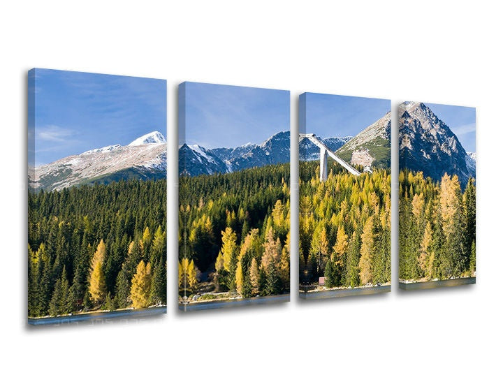Pop art tablou pe pânză cu motivul SLOVACIA, munți, pădure, râu, cer în alb-albastru nuanțe, atmosferă liniștită, natură, execuție multi-panou – principală