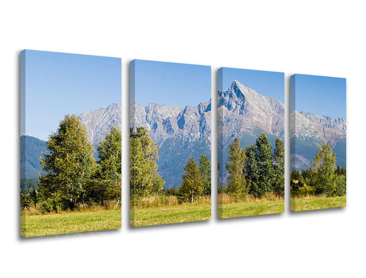 Clasic tablou pe pânză cu motivul SLOVACIA, munți, copaci, cer, pajiște în albastru-gri nuanțe, atmosferă liniștită, natură și pace și echilibru – principală