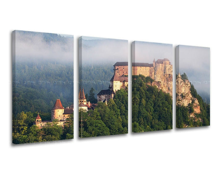Clasic tablou cu motivul SLOVACIA, castel, pădure în gri-verde nuanțe | Tablou de perete SLOVACIA, natură – previzualizare
