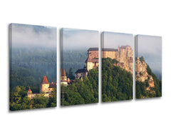 Clasic tablou pe pânză cu motivul SLOVACIA, castel, pădure, ceață ușoară, arhitectură în gri-verde nuanțe, atmosferă liniștită, natură, execuție multi-panou – principală [XOBSK010E41]