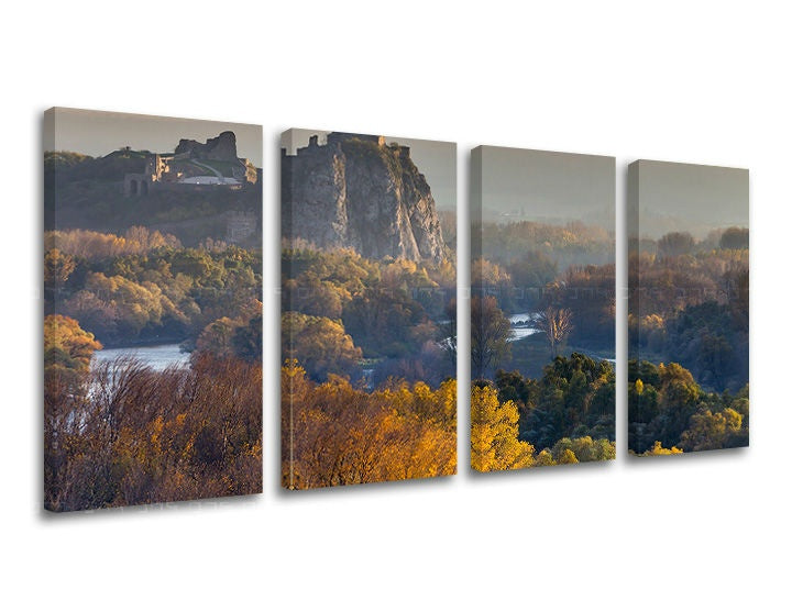 Clasic tablou pe pânză cu motivul SLOVACIA, râu, pădure, arhitectură, motiv pentru copii în gri-verde nuanțe, atmosferă liniștită, execuție multi-panou – principală