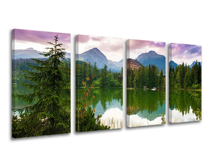 Clasic tablou pe pânză cu motivul SLOVACIA, munți, lac, cer, peisaj în violet-roz nuanțe, atmosferă liniștită, natură, execuție multi-panou – principală