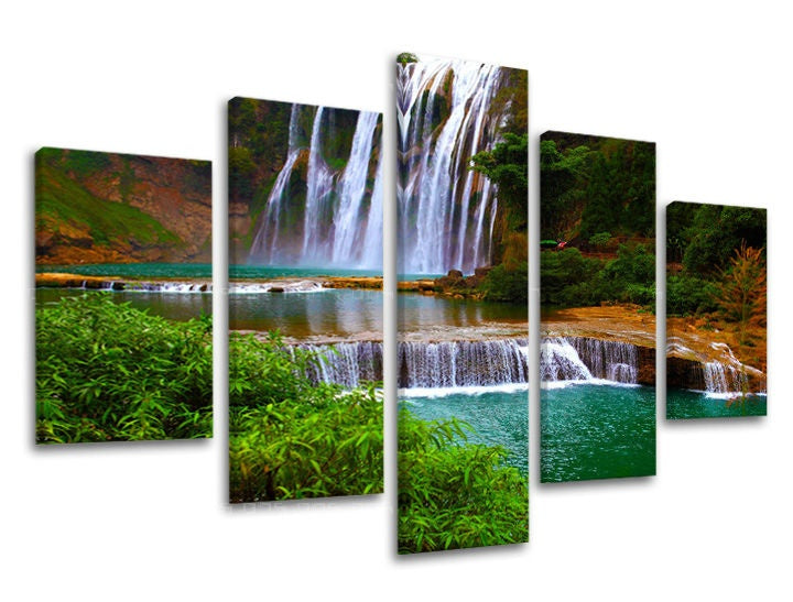 Clasic tablou pe pânză cu motivul CASCADE, cascadă, râu, peisaj în maro-turcoaz nuanțe, atmosferă liniștită, natură, execuție multi-panou – principală