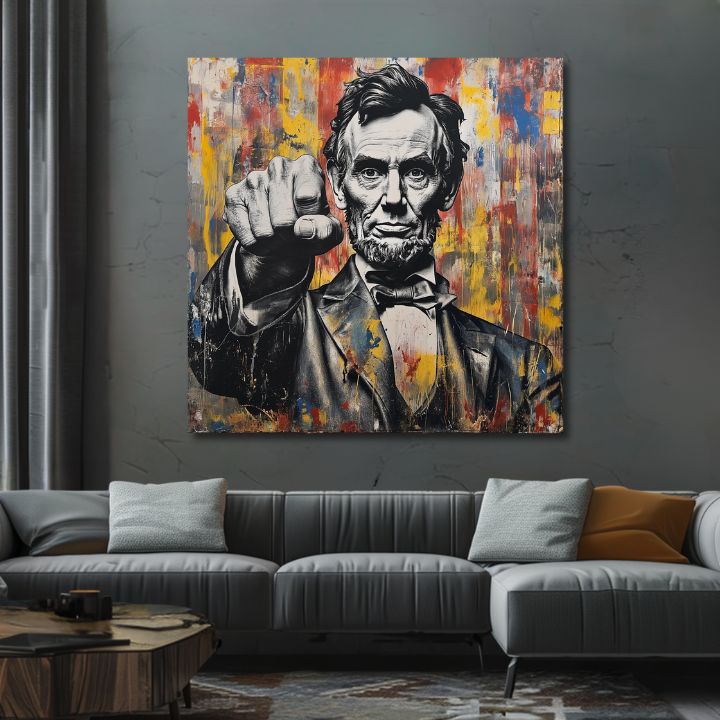 Modern tablou pe pânză cu motivul Abraham Lincoln - Sila histórie în negru-galben nuanțe, forță și putere | Tablou Abraham Lincoln - Sila histórie – produs