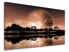 Art deco tablou pe pânză cu motivul lună, copaci, flori, natură în maro-portocaliu nuanțe, atmosferă liniștită, natură și contemplare, potrivit pentru birou de lucru – principală