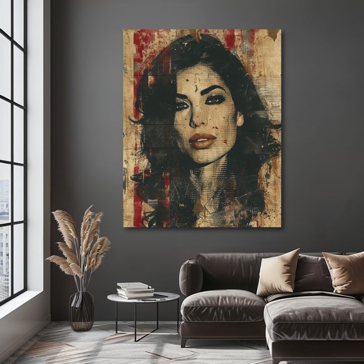 Modern tablou pe pânză cu motivul Amy Winehouse - Hlboký vedere duše în bej-negru nuanțe, atmosferă îndrăzneață, frumusețe | Tablou Amy Winehouse - Hlboký vedere duše – produs, vedere 2
