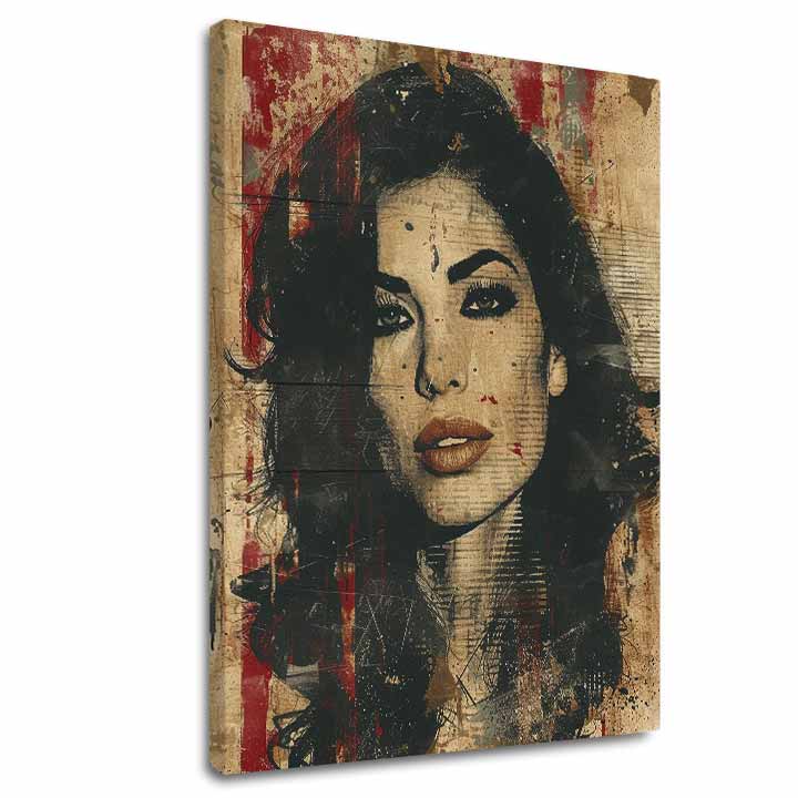 Modern tablou pe pânză cu motivul Amy Winehouse - Hlboký vedere duše în bej-negru nuanțe, atmosferă îndrăzneață, frumusețe | Tablou Amy Winehouse - Hlboký vedere duše – principală