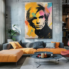 Modern tablou pe pânză cu motivul Andy Warhol - Farby popovej revolúcie, păr în negru-galben nuanțe, atmosferă energică | Tablou Andy Warhol - Farby popovej revolúcie – produs