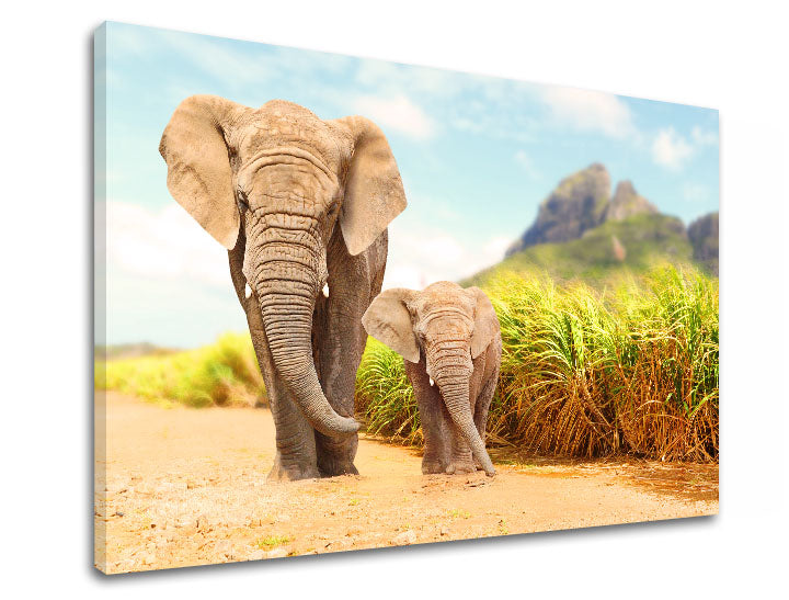 În stil boho tablou pe pânză cu motivul ANIMALE, elefant, munți, cer, natură în albastru-gri nuanțe, atmosferă liniștită, familie și natură, potrivit pentru birou – produs