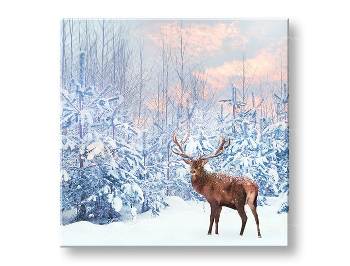 Clasic tablou pe pânză cu motivul ANIMALE, cerb, zăpadă, pădure, peisaj în alb-maro nuanțe, atmosferă liniștită, natură și singurătate, potrivit pentru sufragerie – principală