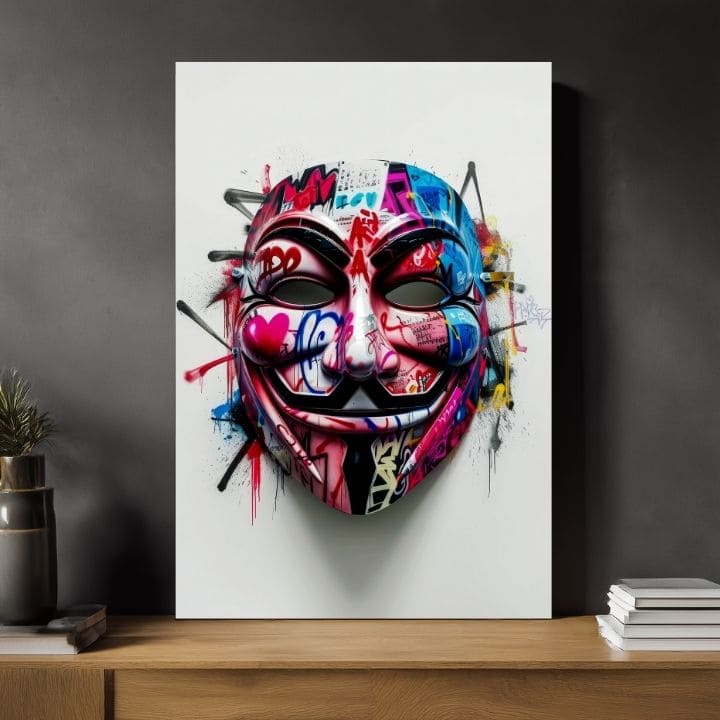 Modern tablou pe pânză cu motivul Anonymous Mask în alb-negru nuanțe, atmosferă energică | Tablou Anonymous Mask – produs