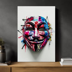 Modern tablou pe pânză cu motivul Anonymous Mask în alb-negru nuanțe, atmosferă energică | Tablou Anonymous Mask – produs