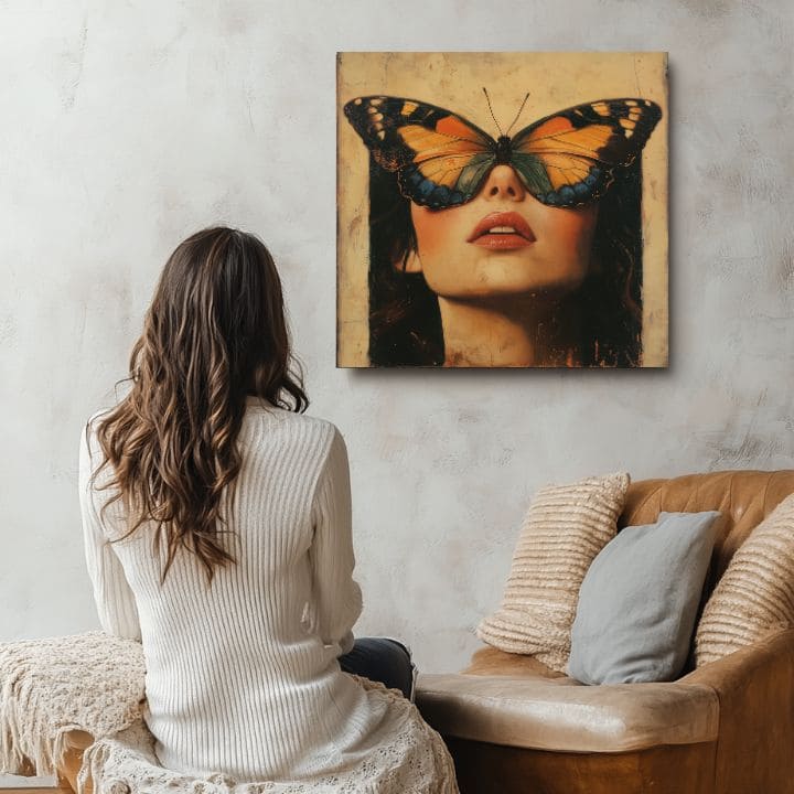 Modern tablou pe pânză cu motivul Motýlie Krídla - Tajomné Oči, fluture în portocaliu-maro nuanțe, atmosferă misterioasă, frumusețe | Tablou Motýlie Krídla - Tajomné Oči – produs, vedere 4