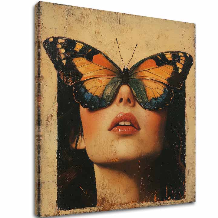 Modern tablou pe pânză cu motivul Motýlie Krídla - Tajomné Oči, fluture în portocaliu-maro nuanțe, atmosferă misterioasă, frumusețe | Tablou Motýlie Krídla - Tajomné Oči – principală