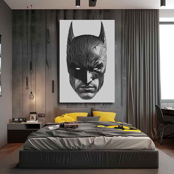 Modern tablou pe pânză cu motivul Batman: Hlava spravodlivosti, mască în negru-alb nuanțe, atmosferă intensă | Tablou Batman: Hlava spravodlivosti – produs