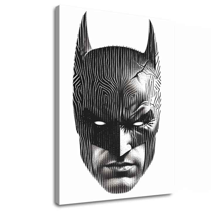 Modern tablou pe pânză cu motivul Batman: Hlava spravodlivosti, mască în negru-alb nuanțe, atmosferă intensă | Tablou Batman: Hlava spravodlivosti – principală