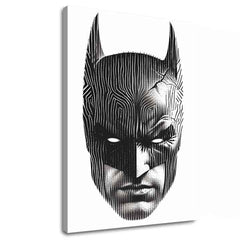 Modern tablou pe pânză cu motivul Batman: Hlava spravodlivosti, mască în negru-alb nuanțe, atmosferă intensă | Tablou Batman: Hlava spravodlivosti – principală
